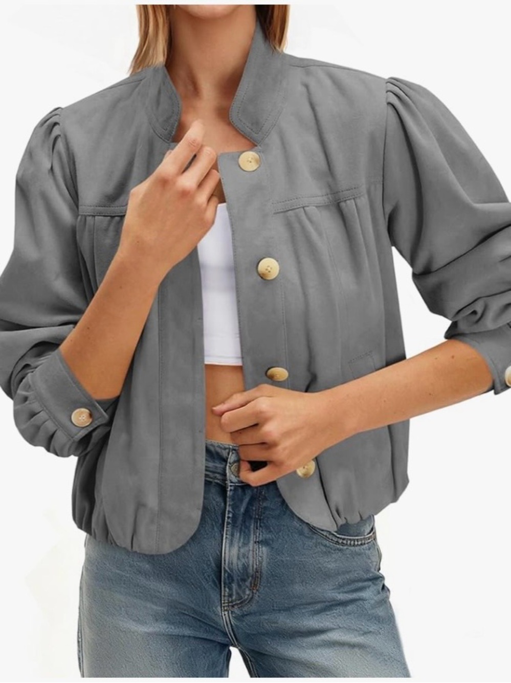 Amazon Gray Puff Sleeve Button-Front Jacket